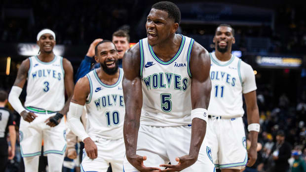 Minnesota Timberwolves guard Anthony Edwards celebrates the win over Indiana Pacers.