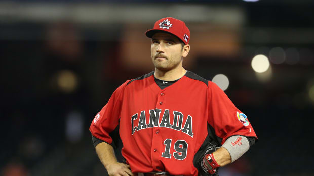 Mar. 9, 2013; Phoenix, AZ, USA: Canada first baseman Joey Votto against Mexico during the World Baseball Classic at Chase Field.