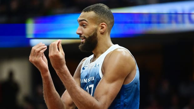 Mar 8, 2024; Cleveland, Ohio, USA; Minnesota Timberwolves center Rudy Gobert (27) reacts after fouling out during the second half against the Cleveland Cavaliers at Rocket Mortgage FieldHouse.