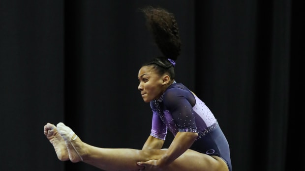 Aug 11, 2019; Kansas City, MO, USA; Sydney Barros during the 2019 U.S. Gymnastics Championships at Sprint Center.