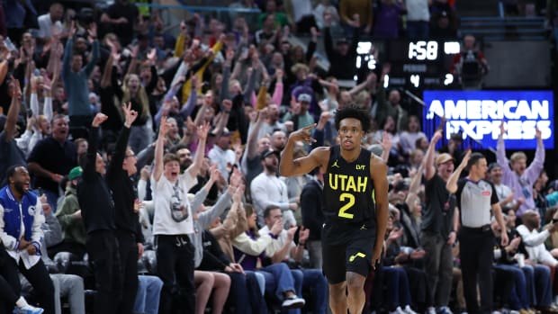 Mar 6, 2024; Salt Lake City, Utah, USA; Utah Jazz guard Collin Sexton (2) reacts to a three point late in the fourth quarter against the Chicago Bulls at Delta Center. Mandatory Credit: Rob Gray-USA TODAY Sports