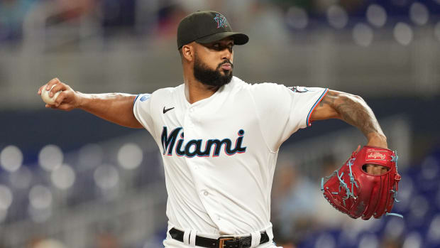 Aug 29, 2023; Miami, Florida, USA; Miami Marlins starting pitcher Sandy Alcantara (22) pitches against the Tampa Bay Rays in the first inning at loanDepot Park.