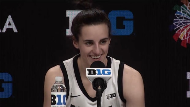 Caitlin Clark chats with the media at the Big Ten tournament.