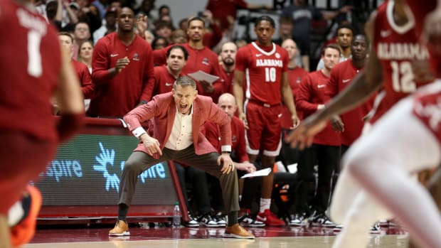 Mar 9, 2024; Tuscaloosa, Alabama, USA; Alabama head coach Nate Oats yells on his team as they go to overtime against Arkansas at Coleman Coliseum. Alabama came from behind to win on overtime 92-88. Mandatory Credit: Gary Cosby Jr.-USA TODAY Sports  