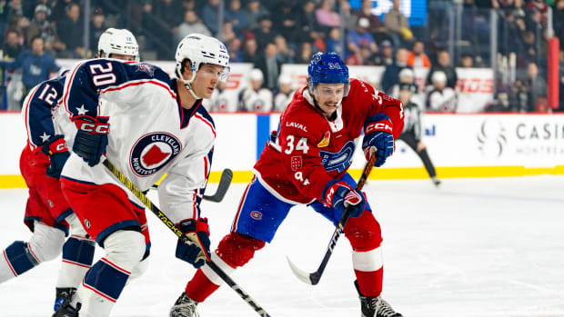 LAVAL, CANADA - MARCH 9: Cleveland Monsters v Laval Rocket at Place Bell on March 9, 2024 in Laval, QC, Canada.