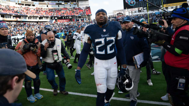 Derrick Henry leaves the field after what may have been his last game with the Tennessee Titans in Jan. 2024.