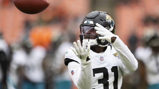 Dec 10, 2023; Cleveland, Ohio, USA; Jacksonville Jaguars cornerback Darious Williams (31) catches the ball during warm-ups before the game against the Cleveland Browns at Cleveland Browns Stadium.