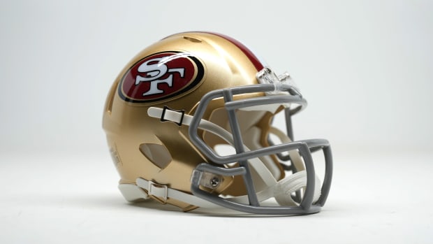 Feb 4, 2024; Las Vegas, NV, USA; Detailed view of San Francisco 49ers helmet. Mandatory Credit: Kirby Lee-USA TODAY Sports  