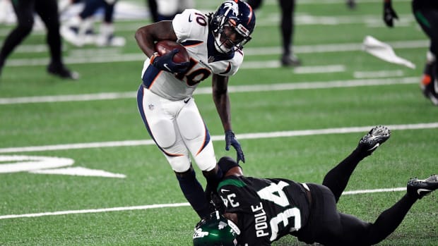 New York Jets cornerback Brian Poole (34) tackles Denver Broncos wide receiver Jerry Jeudy (10) in the second half. The Jets lose to the Broncos, 37-28, at MetLife Stadium on Thursday, Oct. 1, 2020, in East Rutherford. Nfl Jets Broncos