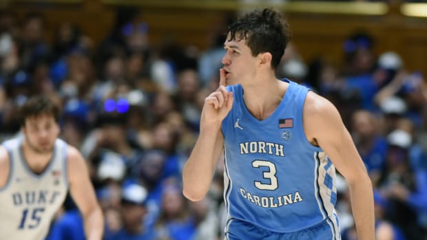 Mar 9, 2024; Durham, North Carolina, USA; North Carolina Tar Heels guard Cormac Ryan (3) reacts to hitting a three-point shot during the second half against the Duke Blue Devils at Cameron Indoor Stadium. The Tar Heels won 84-79.