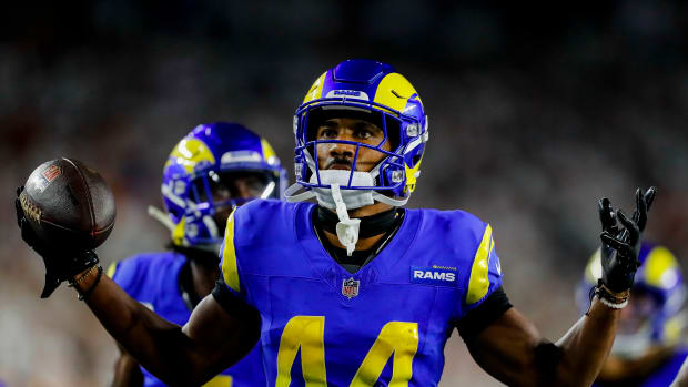Sep 25, 2023; Cincinnati, Ohio, USA; Los Angeles Rams cornerback Ahkello Witherspoon (44) reacts after intercepting the ball in the second half against the Cincinnati Bengals at Paycor Stadium.