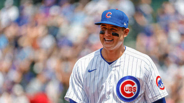 Jul 25, 2021; Chicago, Illinois, USA; Chicago Cubs first baseman Anthony Rizzo (44) smiles before a baseball game against the Arizona Diamondbacks at Wrigley Field. Mandatory Credit: Kamil Krzaczynski-USA TODAY Sports
