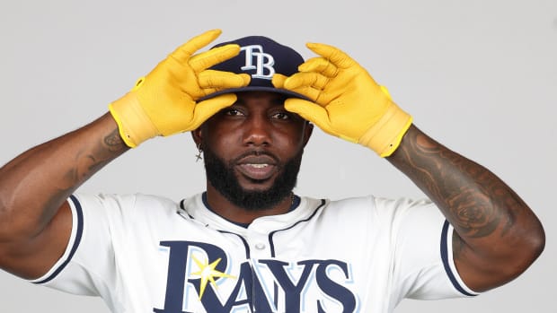 Feb 18, 2024; Port Charlotte, FL, USA; Tampa Bay Rays left fielder Randy Arozarena (56) poses for a photo during media day at the Charlotte Sports Complex.
