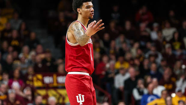 Indiana Hoosiers center Kel'el Ware (1) celebrates his three-point basket against the Minnesota Golden Gophers during the second half at Williams Arena.
