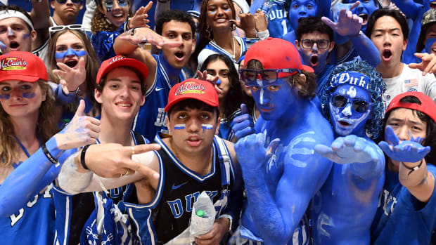 Duke students cheer prior to a game between North Carolina an Duke at Cameron Indoor Stadium.