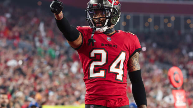 Jan 15, 2024; Tampa, Florida, USA; Tampa Bay Buccaneers cornerback Carlton Davis III (24) gestures after a play against the Philadelphia Eagles during the second half of a 2024 NFC wild card game at Raymond James Stadium. Mandatory Credit: Kim Klement Neitzel-USA TODAY Sports