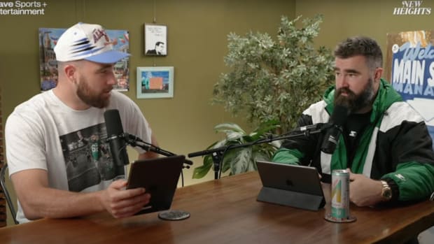 Chiefs tight end Travis Kelce and brother Eagles center Jason Kelce record an episode of their podcast, “New Heights.”