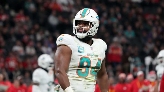 Nov 5, 2023; Frankfurt, Germany; Miami Dolphins defensive tackle Christian Wilkins (94) reacts against the Kansas City Chiefs in the first half during an NFL International Series game at Deutsche Bank Park.