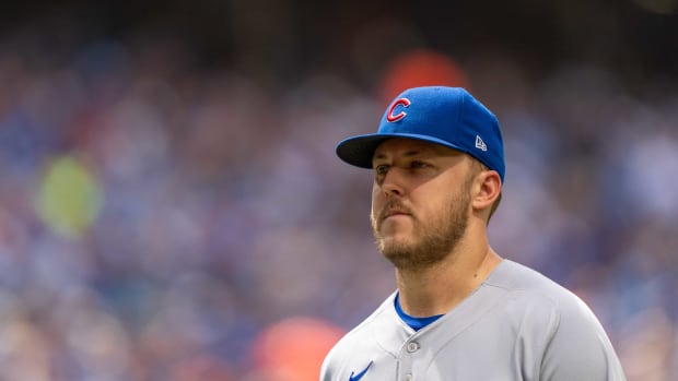 Aug 13, 2023; Toronto, Ontario, CAN; Chicago Cubs starting pitcher Jameson Taillon (50) reacts after being pulled from the game against the Toronto Blue Jays at Rogers Centre. Mandatory Credit: Kevin Sousa-USA TODAY Sports