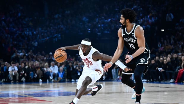 Jan 11, 2024; Paris, FRANCE; Cleveland Cavaliers guard Caris LeVert (3) is defended by Brooklyn Nets guard Spencer Dinwiddie (26) in the NBA Paris Game at AccorHotels Arena. Mandatory Credit: Alexis Reau/Presse Sports via USA TODAY Sports