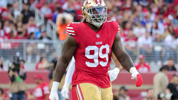 Aug 25, 2023; Santa Clara, California, USA; San Francisco 49ers defensive tackle Javon Kinlaw (99) during the game against the Los Angeles Chargers at Levi's Stadium. Mandatory Credit: Sergio Estrada-USA TODAY Sports
