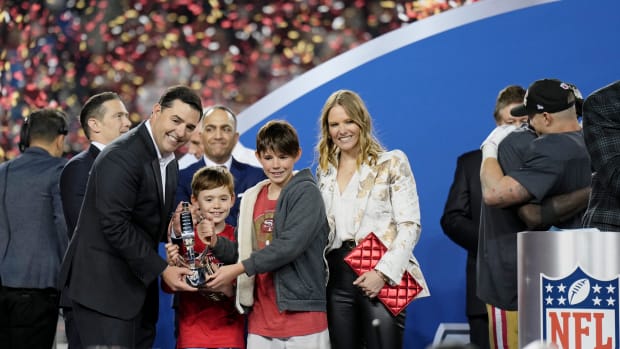 Jan 28, 2024; Santa Clara, California, USA; San Francisco 49ers chief executive officer Jed York poses for a photo with the George Halas Trophy after winning the NFC Championship football game against the Detroit Lions at Levi's Stadium. Mandatory Credit: Kyle Terada-USA TODAY Sports  