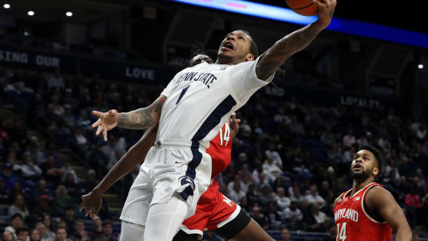 Penn State guard Ace Baldwin Jr. drives to the basket against Maryland in a Big Ten men's basketball game at the Bryce Jordan Center.