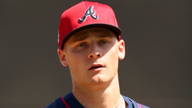 Mar 10, 2024; Tampa, Florida, USA;Atlanta Braves starting pitcher AJ Smith-Shawver (32) looks on during the first inning against the New York Yankees at George M. Steinbrenner Field.