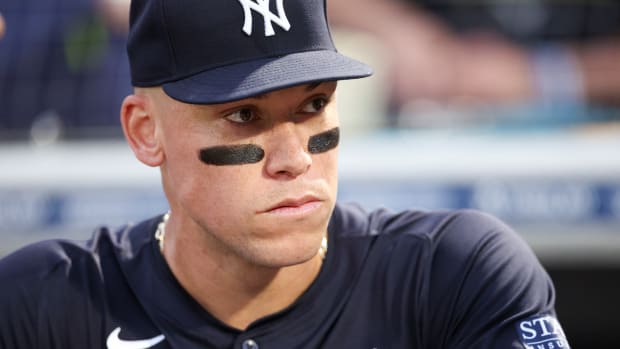 Mar 1, 2024; Tampa, Florida, USA; New York Yankees center fielder Aaron Judge (99) looks on before a game against the Toronto Blue Jays at George M. Steinbrenner Field.