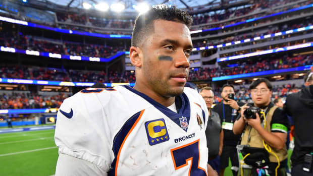 Denver Broncos quarterback Russell Wilson reacts following the victory against the Los Angeles Chargers at SoFi Stadium.