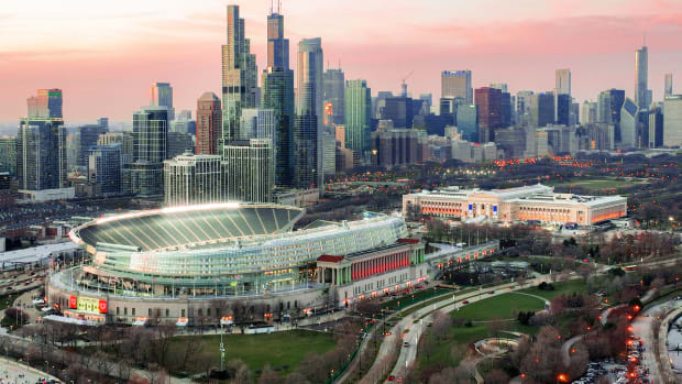 In an aerial view, Soldier Field is seen before a game between the Chicago Bears and the Minnesota Vikings at Soldier Field.