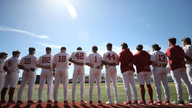 The Alabama baseball team during the national anthem on March 10, 2024.