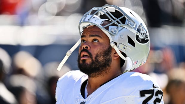 Oct 22, 2023; Chicago, Illinois, USA; Las Vegas Raiders guard Jermaine Eluemunor (72) heads to the locker room after warming up before a game against the Chicago Bears at Soldier Field.