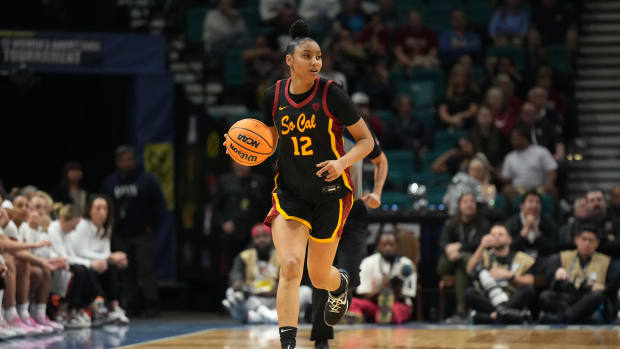 Mar 10, 2024; Las Vegas, NV, USA; Southern California Trojans guard JuJu Watkins (12) dribbles the ball against the Stanford Cardinal in the second half of the Pac-12 Tournament women's championship game at MGM Grand Garden Arena.