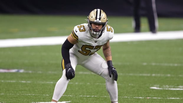 New Orleans Saints linebacker Zack Baun (53) on the kickoff return team.