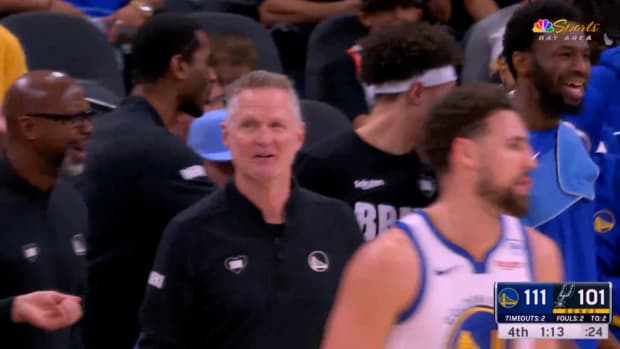 Golden State Warriors coach Steve Kerr reacts to Trayce Jackson-Davis dunking on Victor Wembanyama.