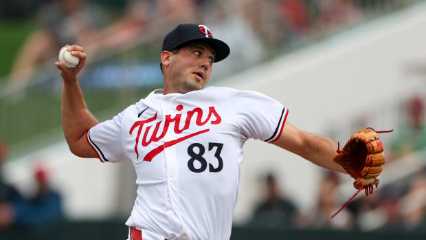 Mar 6, 2024; Fort Myers, Florida, USA; Minnesota Twins starting pitcher Matt Canterino (83) throws a pitch against the Boston Red Sox in the fourth inning at Hammond Stadium.