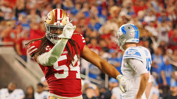 Jan 28, 2024; Santa Clara, California, USA; San Francisco 49ers linebacker Fred Warner (54) reacts after a play against the Detroit Lions during the second half of the NFC Championship football game at Levi's Stadium. Mandatory Credit: Kelley L Cox-USA TODAY Sports  