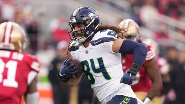 Dec 10, 2023; Santa Clara, California, USA; Seattle Seahawks tight end Colby Parkinson (84) runs after a catch against the San Francisco 49ers during the third quarter at Levi's Stadium. Mandatory Credit: Darren Yamashita-USA TODAY Sports
