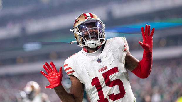 Dec 3, 2023; Philadelphia, Pennsylvania, USA; San Francisco 49ers wide receiver Jauan Jennings (15) reacts after scoring a touchdown against the Philadelphia Eagles during the fourth quarter at Lincoln Financial Field. Mandatory Credit: Bill Streicher-USA TODAY Sports