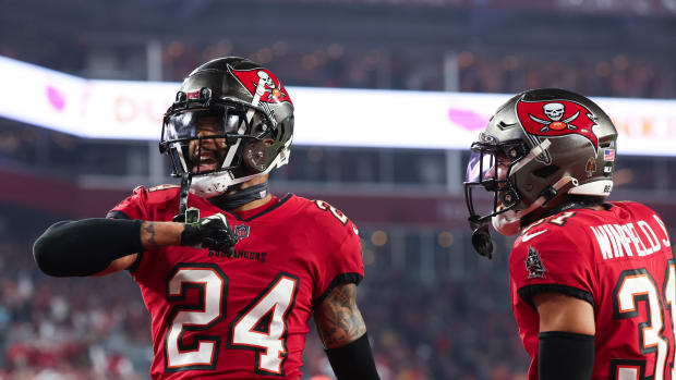 Jan 15, 2024; Tampa, Florida, USA; Tampa Bay Buccaneers cornerback Carlton Davis III (24) gestures after a play against the Philadelphia Eagles during the second half of a 2024 NFC wild card game at Raymond James Stadium. Mandatory Credit: Kim Klement Neitzel-USA TODAY Sports