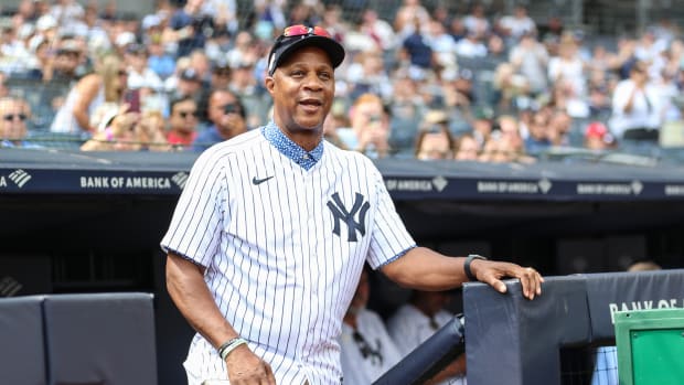 Sep 9, 2023; Bronx, New York, USA; Former New York Yankees outfielder Darryl Strawberry at Old Timer s Day before the game against the Milwaukee Brewers at Yankee Stadium.