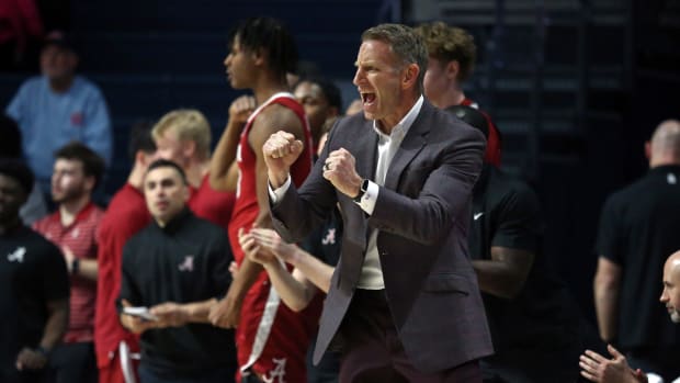 Feb 28, 2024; Oxford, Mississippi, USA; Alabama Crimson Tide head coach Nate Oats reacts during the second half against the Mississippi Rebels at The Sandy and John Black Pavilion at Ole Miss. Mandatory Credit: Petre Thomas-USA TODAY Sports  