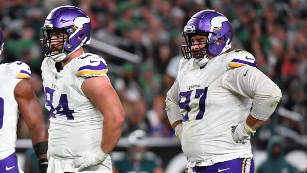 Sep 14, 2023; Philadelphia, Pennsylvania, USA; Minnesota Vikings defensive end Dean Lowry (94) and defensive tackle Harrison Phillips (97) against the Philadelphia Eagles at Lincoln Financial Field.