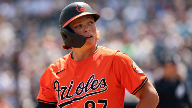 Mar 11, 2024; Tampa, Florida, USA; Baltimore Orioles shortstop Jackson Holliday (87) looks on first inning against the New York Yankees at George M. Steinbrenner Field. Mandatory Credit: Kim Klement Neitzel-USA TODAY Sports