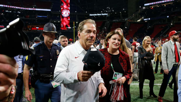 Nick and Terry Saban after No. 4 Alabama’s 41-24 win over No. 1 Georgia in the SEC championship on Dec. 4, 2021.