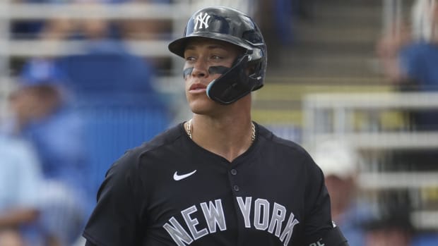 Mar 8, 2024; Dunedin, Florida, USA; New York Yankees center fielder Aaron Judge (99) reacts after striking out against the Toronto Blue Jays in the sixth inning at TD Ballpark.
