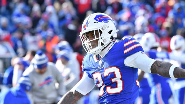 Jan 15, 2023; Orchard Park, NY, USA; Buffalo Bills cornerback Siran Neal warms up before playing against the Miami Dolphins in an NFL wild card game at Highmark Stadium.