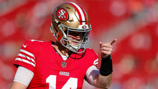 Jan 7, 2024; Santa Clara, California, USA; San Francisco 49ers quarterback Sam Darnold (14) before the game against the Los Angeles Rams at Levi's Stadium.