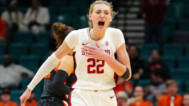Mar 8, 2024; Las Vegas, NV, USA; Stanford Cardinal forward Cameron Brink (22) celebrates after making a play against the Oregon State Beavers during the third quarter at MGM Grand Garden Arena. Mandatory Credit: Stephen R. Sylvanie-USA TODAY Sports 